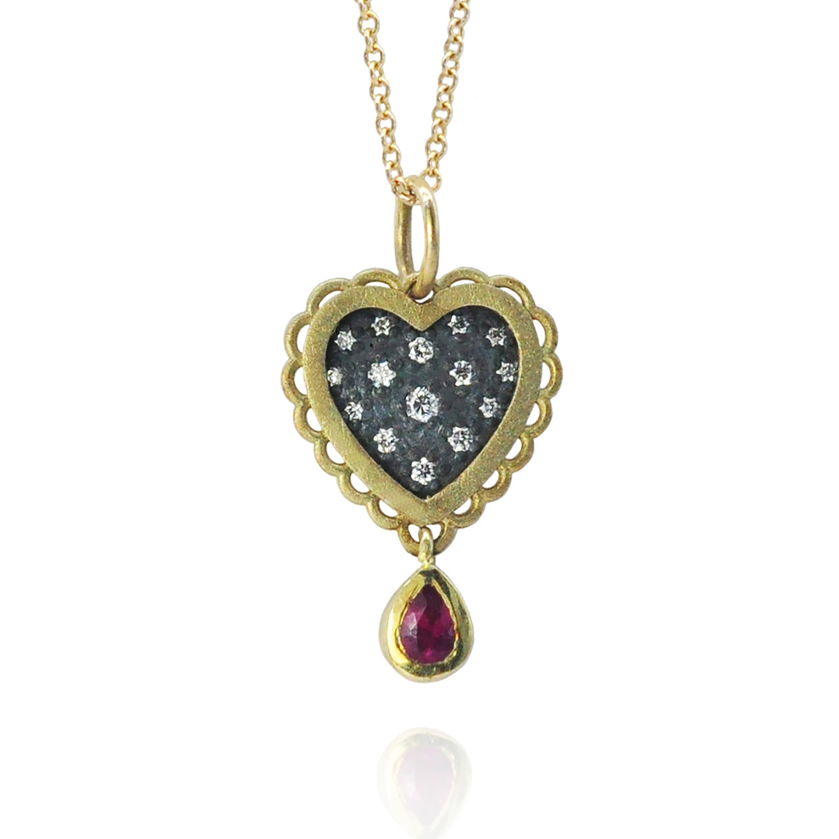 Small Gold Framed Pave Diamond Heart Charm with Ruby Drop on Gold Cable Chain | Rebecca Myers Collection