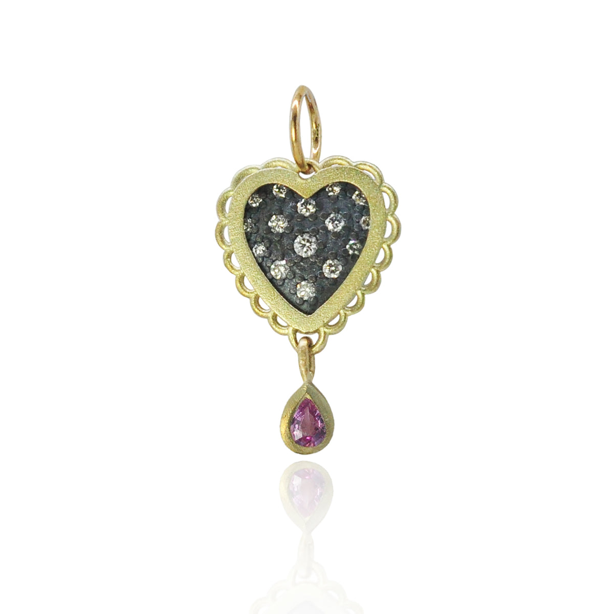 Small Gold Framed Pave Diamond Heart Charm with Pink Sapphire Drop | Rebecca Myers Collection