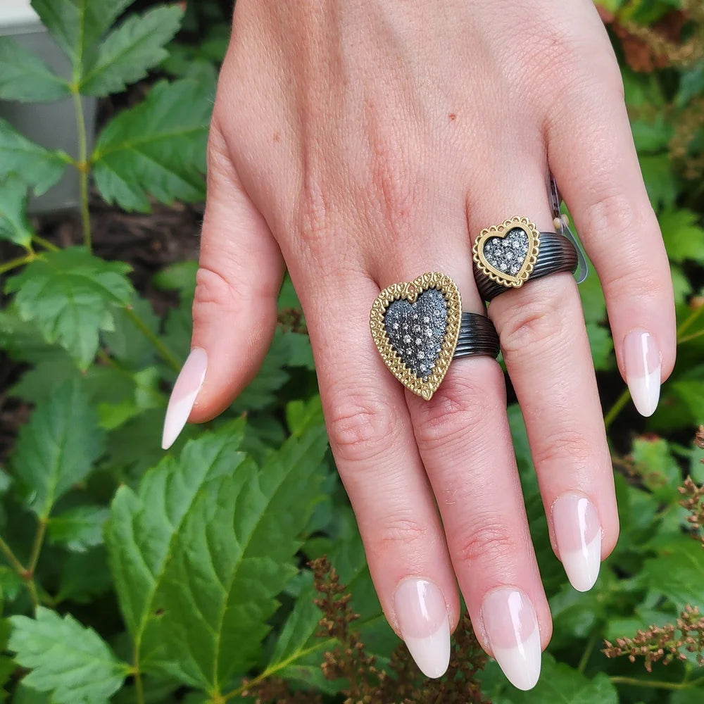 Framed Heart Rings on white female model | Rebecca Myers Collection