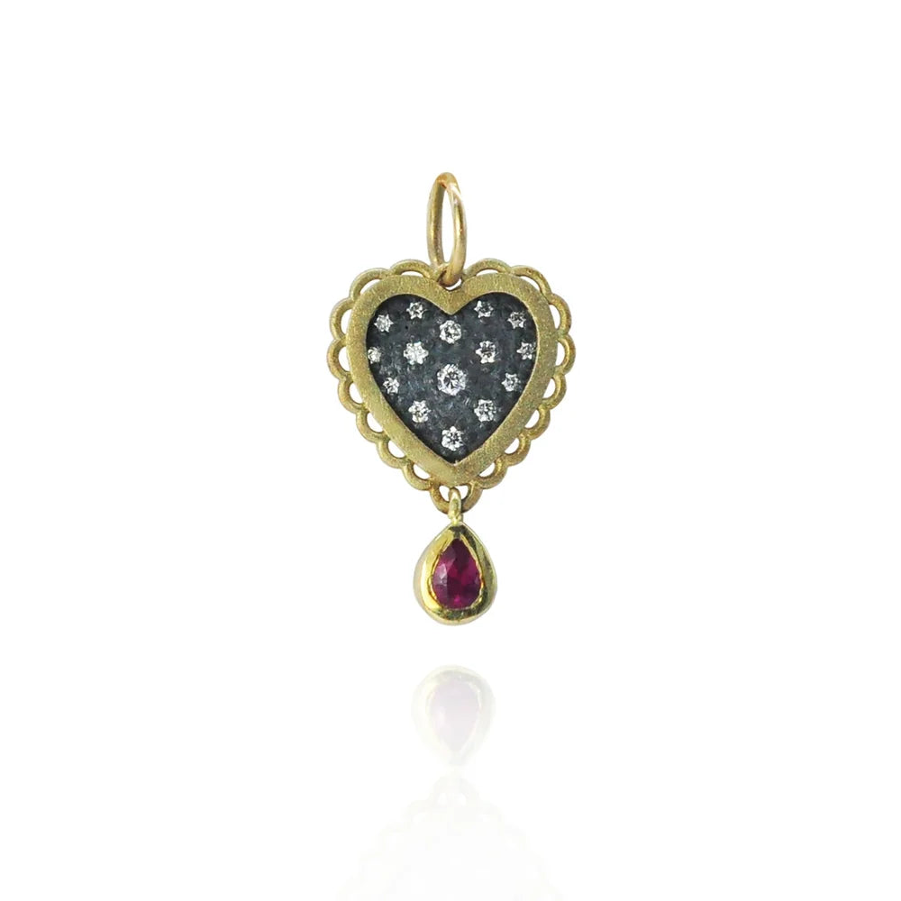 Small Framed Pave Diamond Heart with Ruby Drop pendant only | Rebecca Myers Collection
