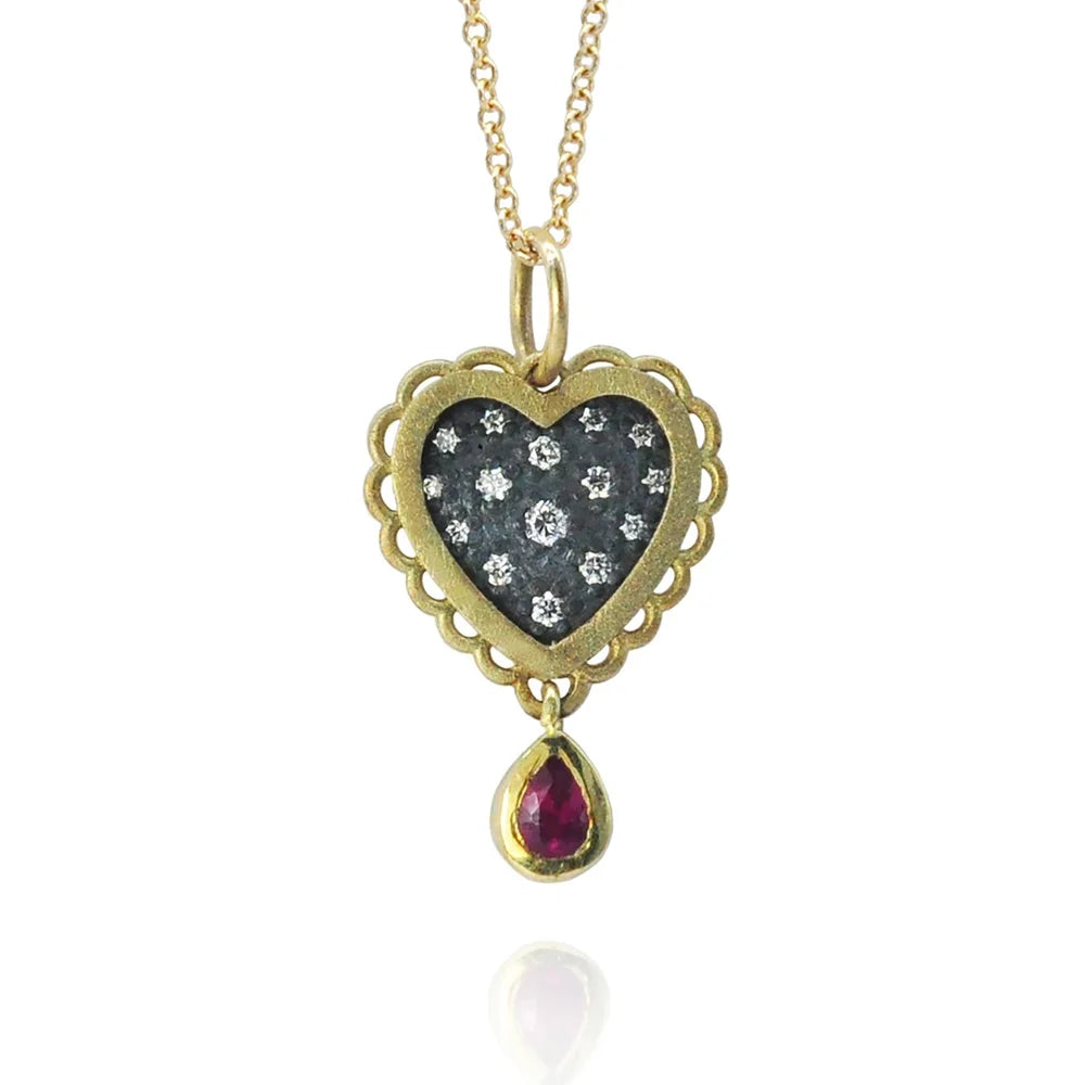 Small Framed Pave Diamond Heart with Ruby Drop Necklace | Rebecca Myers Collection