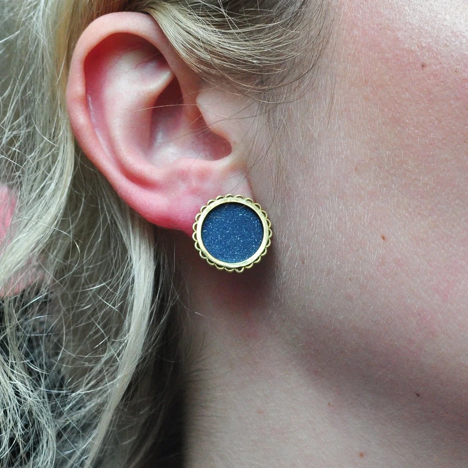 Round Black Framed Druzy Earrings on white female model | Rebecca Myers Collection