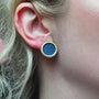 Round Black Framed Druzy Earrings on white female model | Rebecca Myers Collection