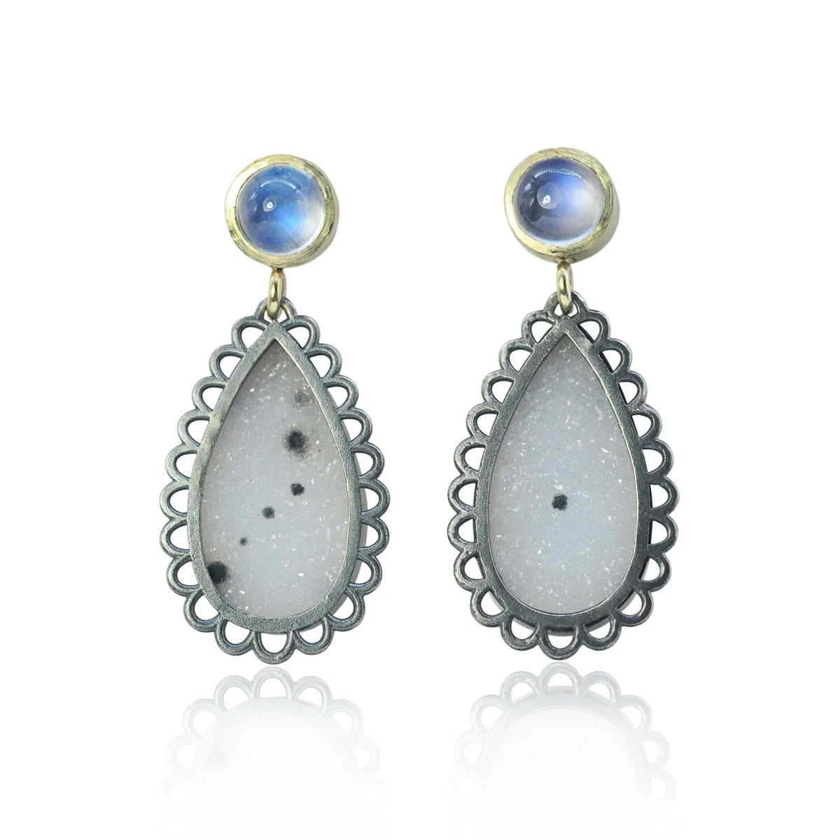 Teardrop White Framed Druzy Earrings with Moonstone Toppers | Rebecca Myers Collection