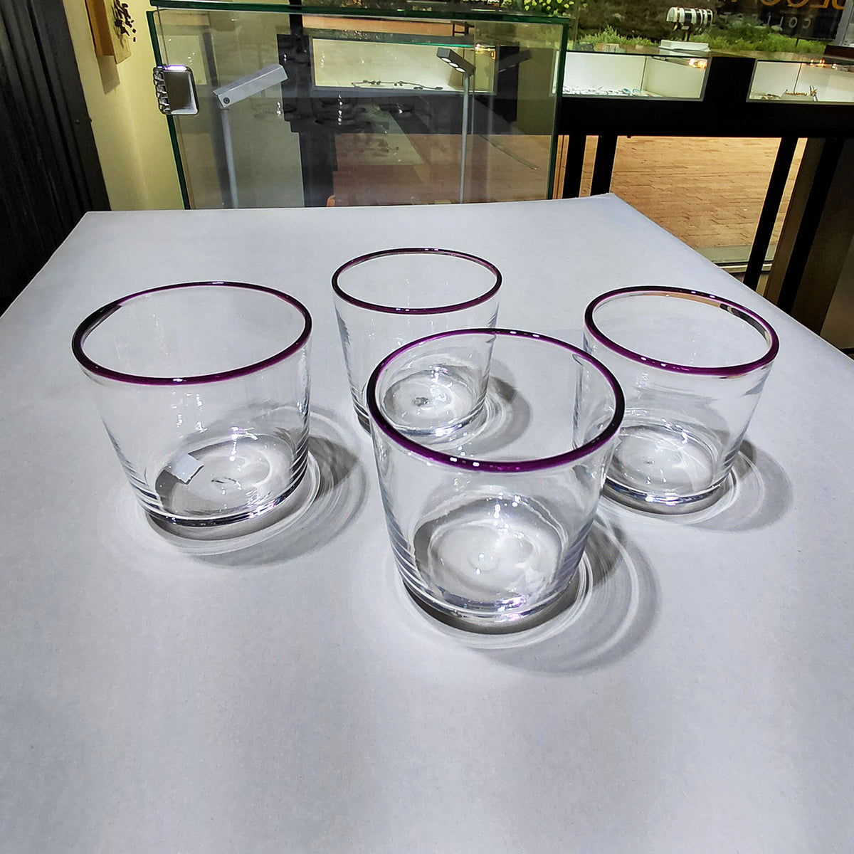 Hand Blown Stemless Wine Glasses with Amethyst Lip Wrap by Jarrod Futscher | Rebecca Myers Collection