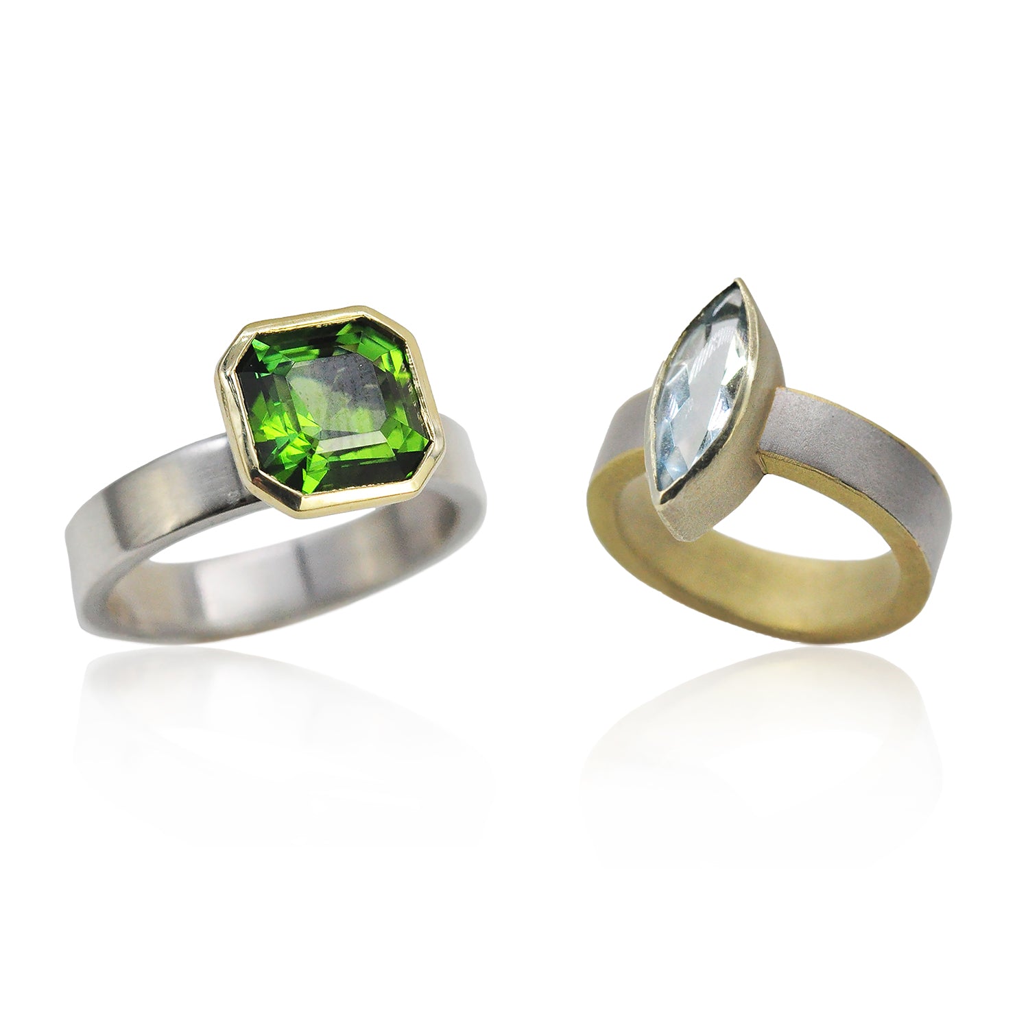 Asscher Cut Green Tourmaline & Marquise Cut Aquamarine Gemstone Rings | Rebecca Myers Collection