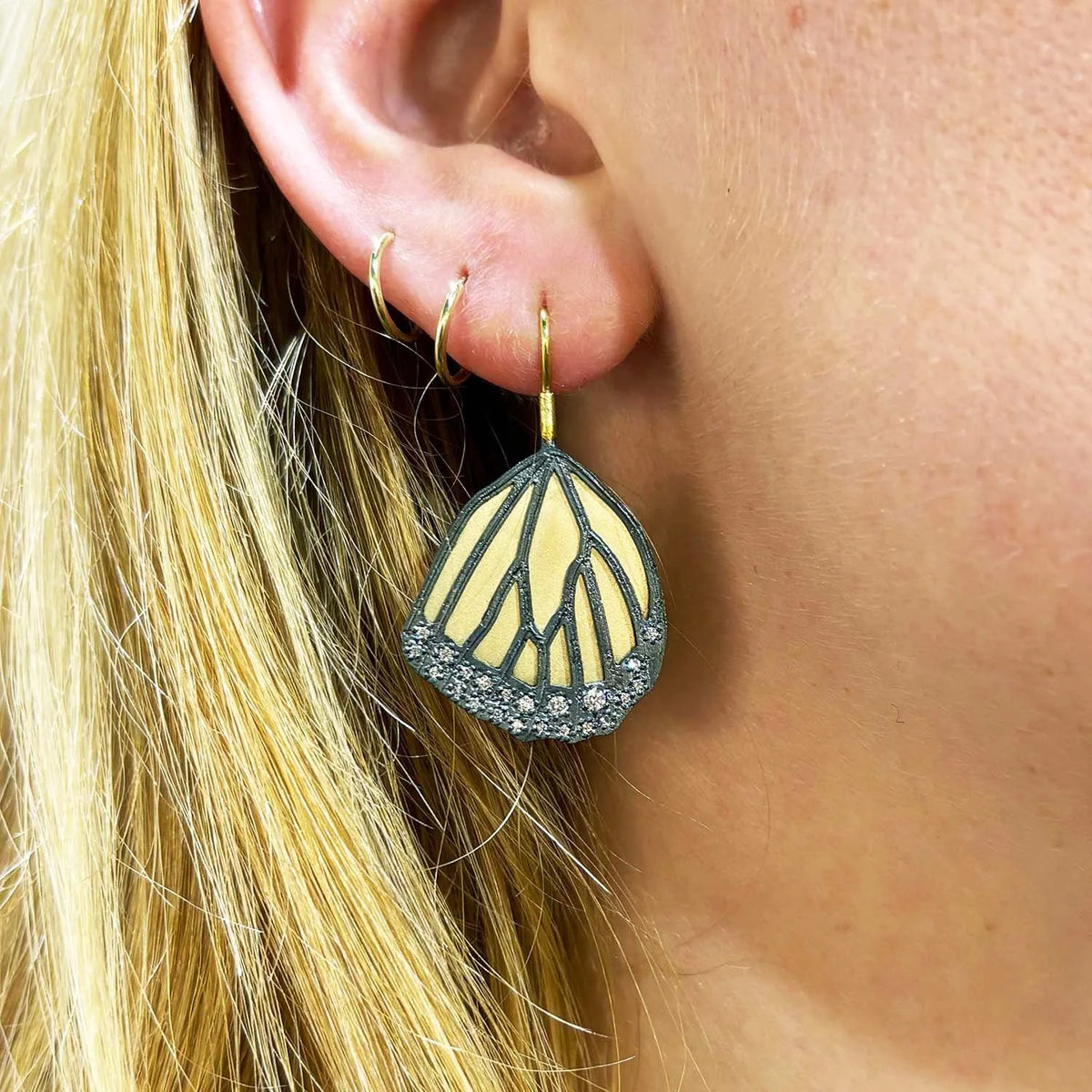 Gold & Silver Monarch Wing Earrings with Scattered Diamonds | Rebecca Myers Collection