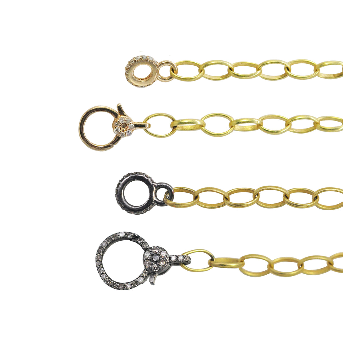 18k Yellow Gold Oval Link Chain with Gold or Oxidized Silver & Diamond Charm Holder Clasps | Rebecca Myers Collection