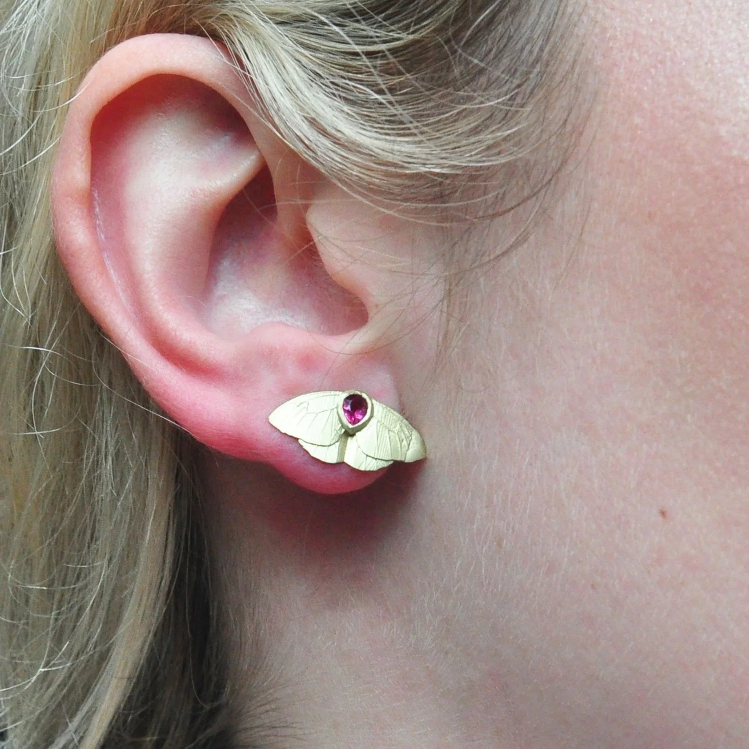 Gold Butterfly Earrings on white female model | Rebecca Myers Collection