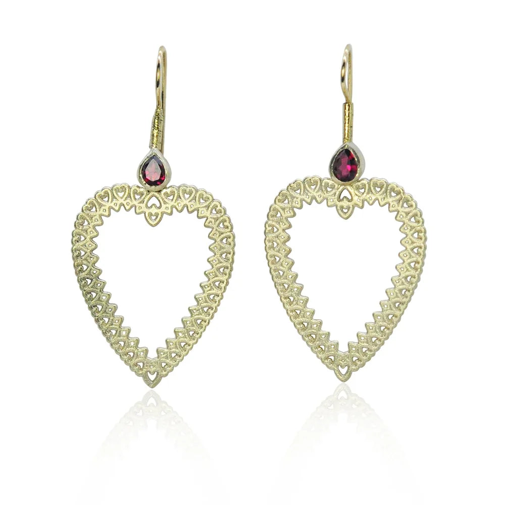 Large Gold Frame Heart Earrings with Ruby Tops | Rebecca Myers Collection