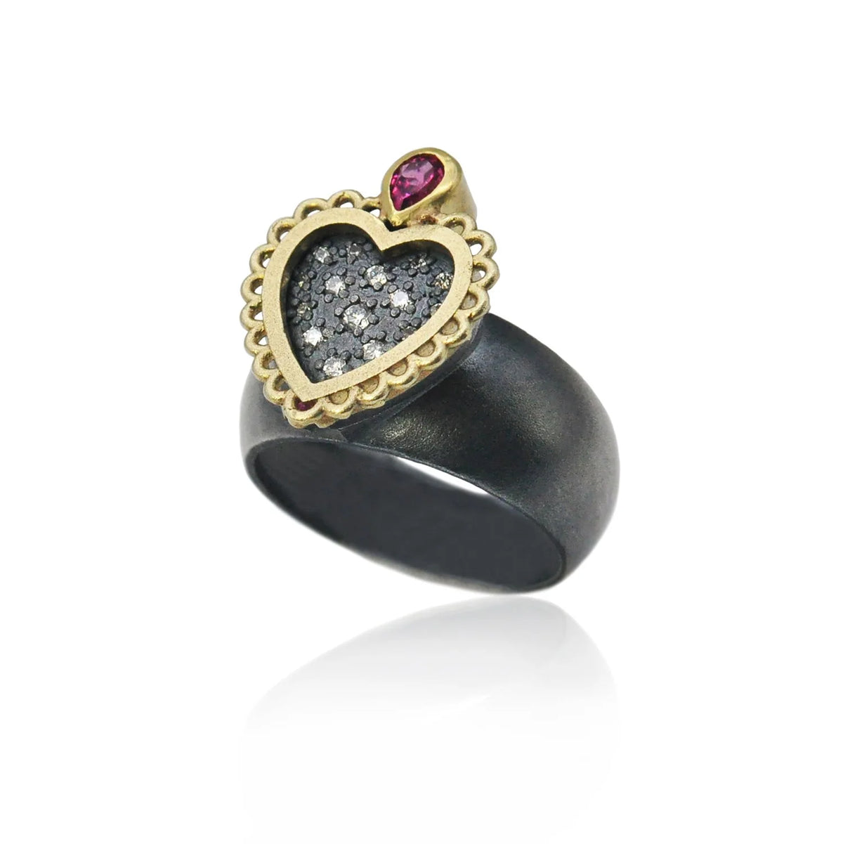 Small Framed Pave Diamond Heart Locket Ring with Ruby Top | Rebecca Myers Collection