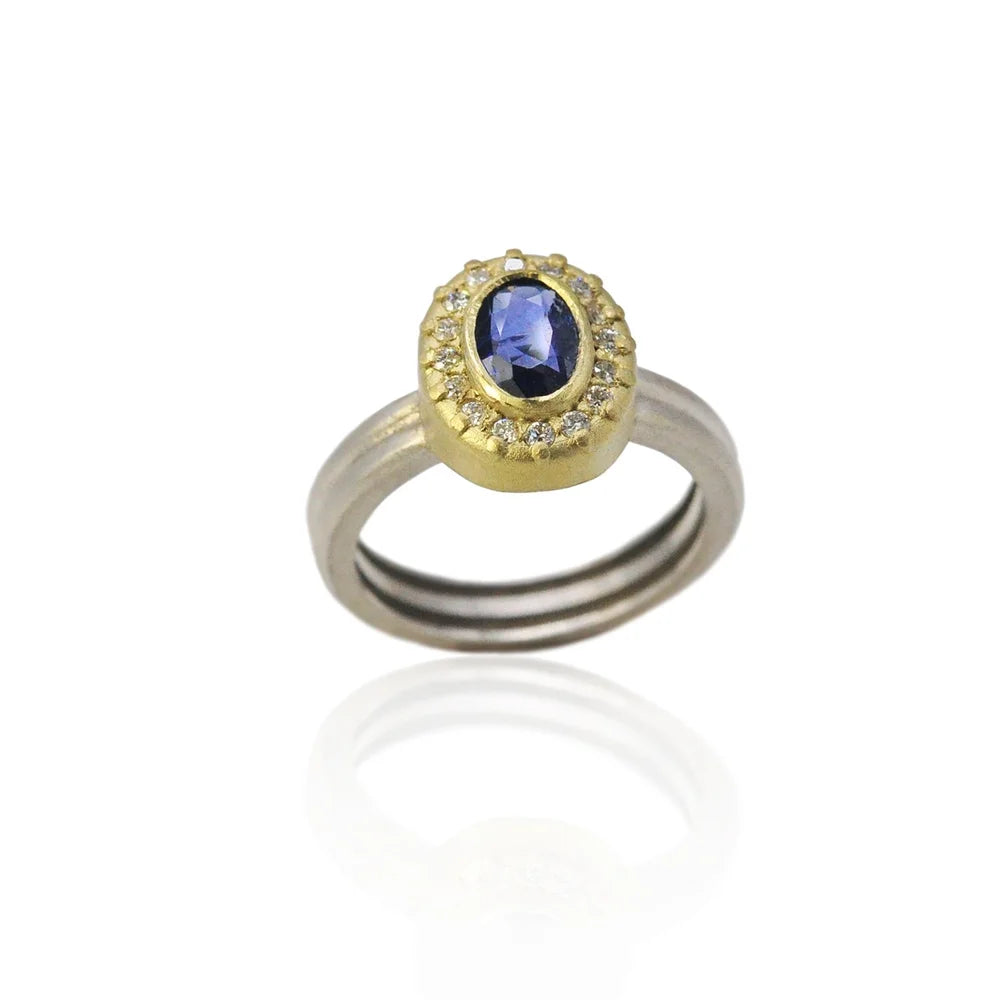 Gemmie Oval Blue Sapphire Halo Ring on Gold Band | Rebecca Myer Collection 