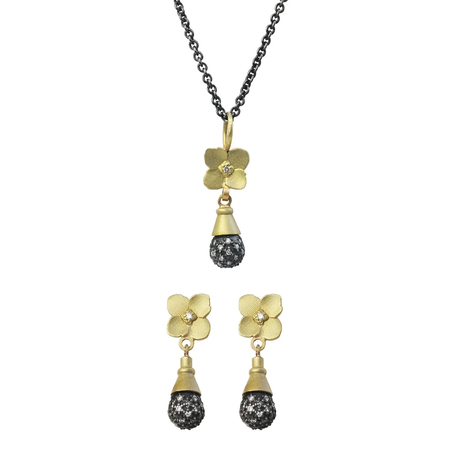 Gold Hydrangea and Pave Diamond Teardrop Necklace and Earrings 1 | Rebecca Myers Collection