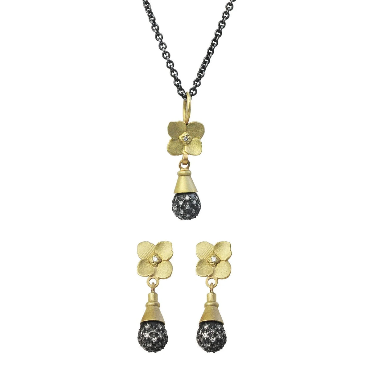 Gold Hydrangea and Pave Diamond Teardrop Necklace and Earrings 1 | Rebecca Myers Collection