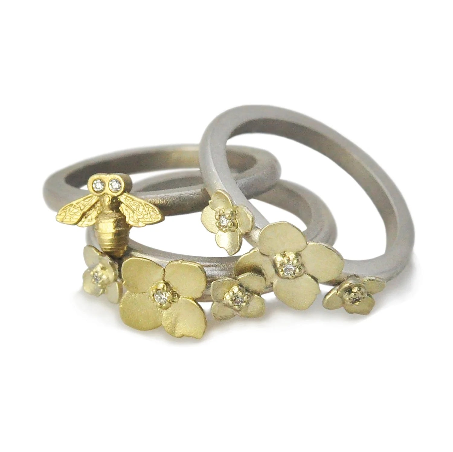 Gold and Silver Bee & Flower Stacking Rings | Rebecca Myers Collection