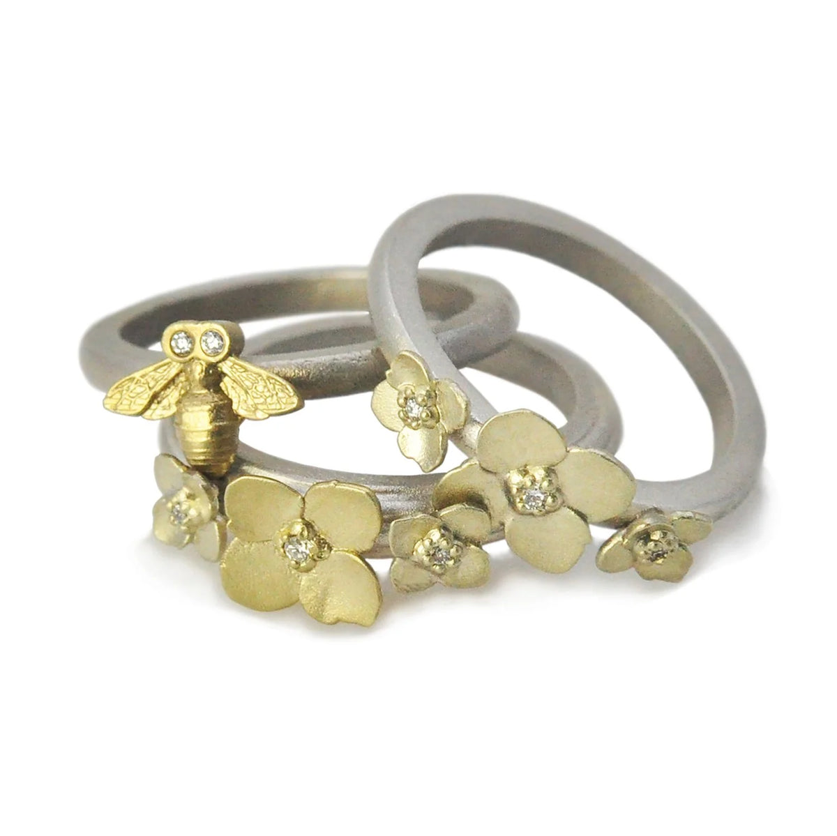 Gold and Silver Bee & Flower Stacking Rings | Rebecca Myers Collection