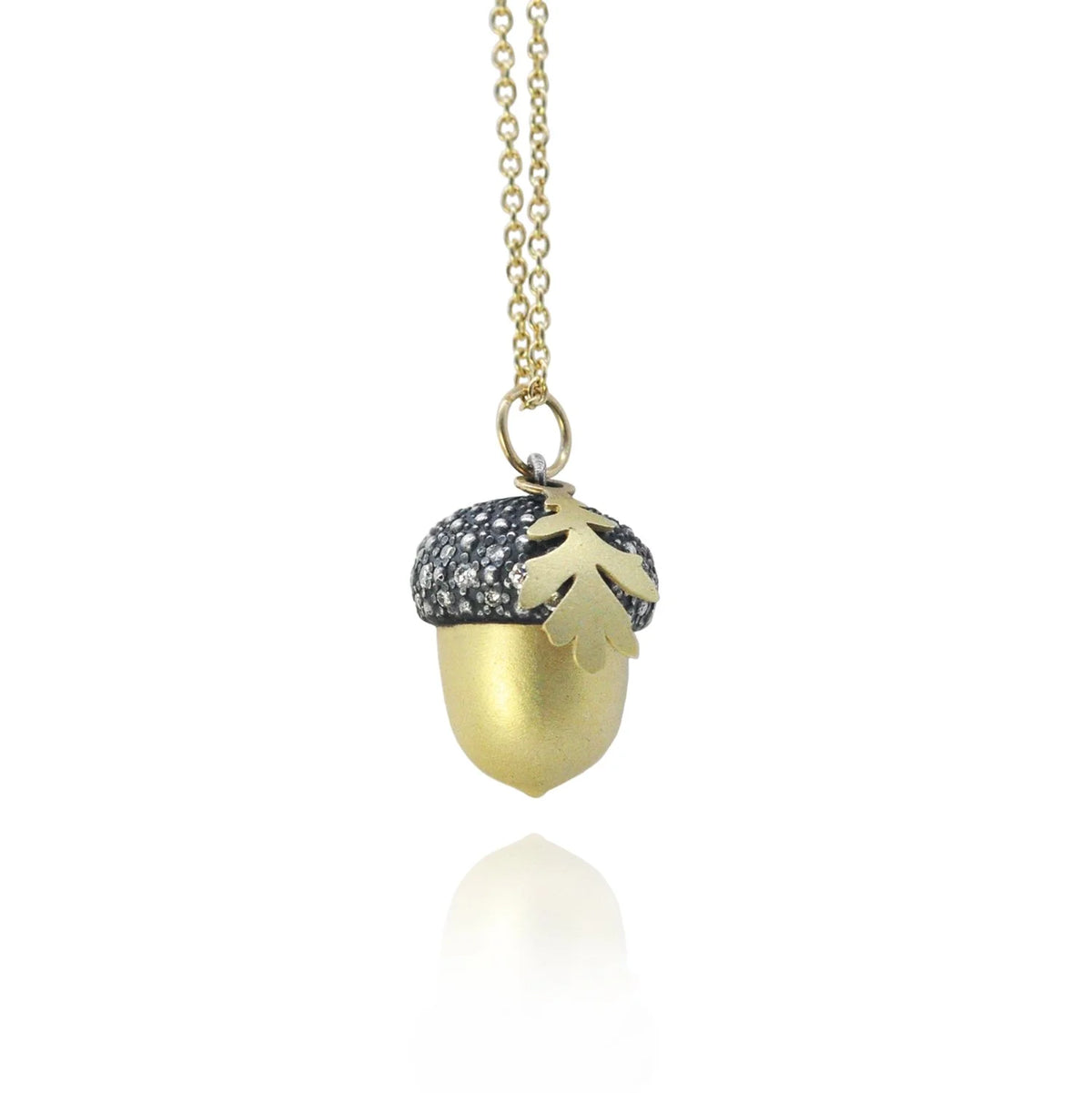 Gold, Silver, & Diamond Acorn Necklace, large on chain | Rebecca Myers Collection