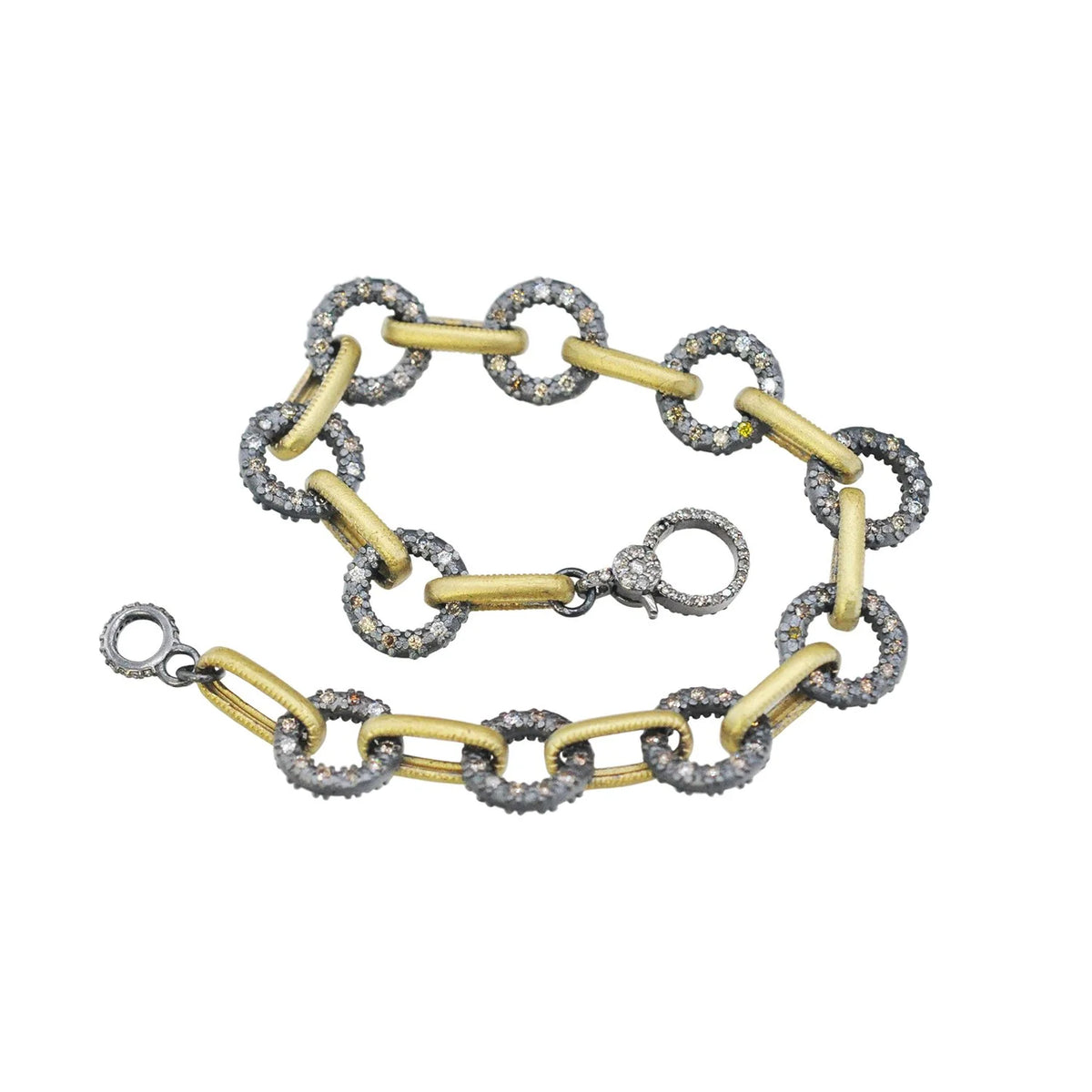 Round and Oblong Link Bracelet  in Gold & Oxidized Silver with Diamonds | Rebecca Myers Collection