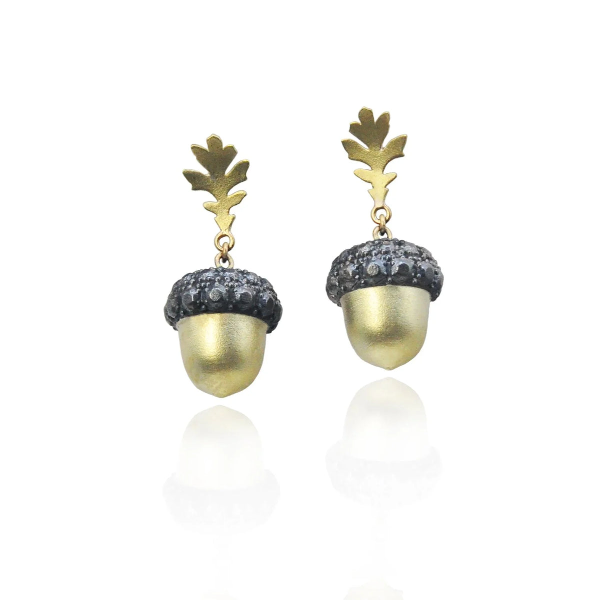 Gold & Silver Acorn Earrings with Oak Leaf Toppers on posts | Rebecca Myers Collection