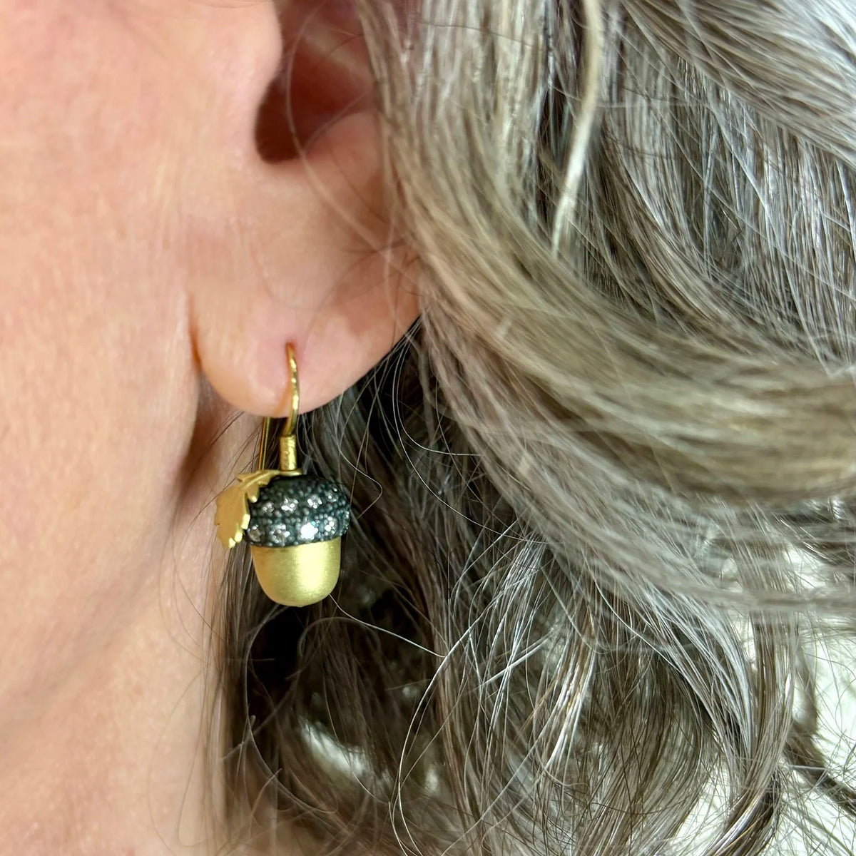 Gold, Silver, & Diamond Acorn Earrings on white female model | Rebecca Myers Collection