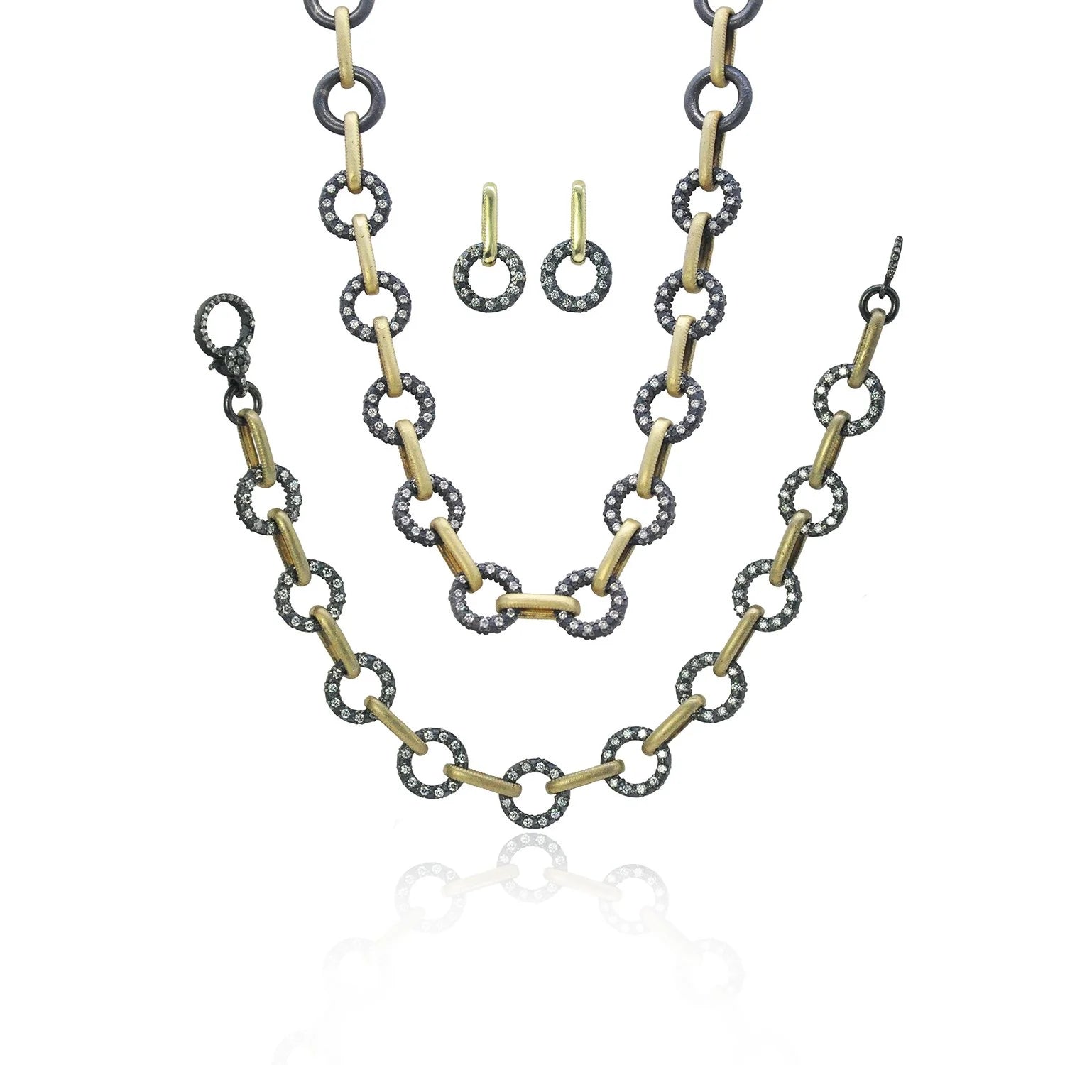 Round and Oblong Link Necklace, Bracelet, and Earrings in Gold & Oxidized Silver with Diamonds | Rebecca Myers Collection