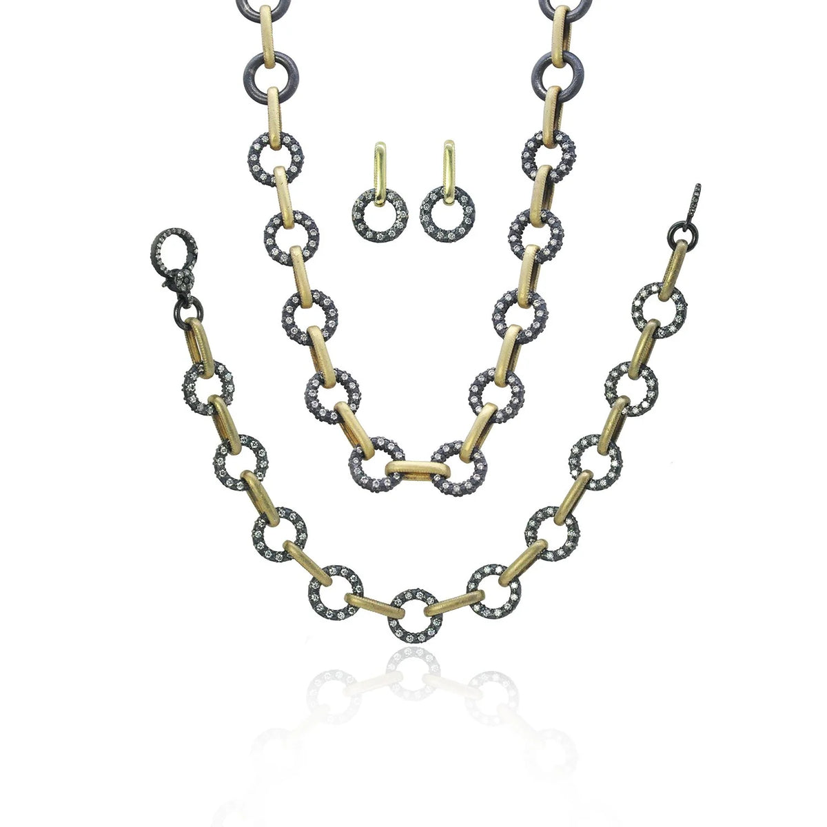 Round and Oblong Link Necklace, Bracelet, and Earrings in Gold & Oxidized Silver with Diamonds | Rebecca Myers Collection