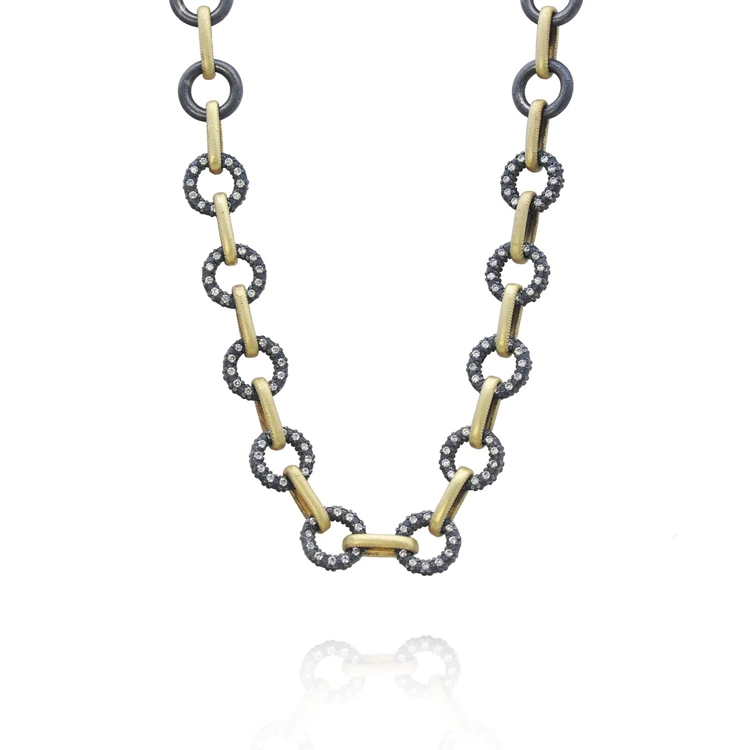 Round and Oblong Link Necklace in Gold & Oxidized Silver with Diamonds | Rebecca Myers Collection