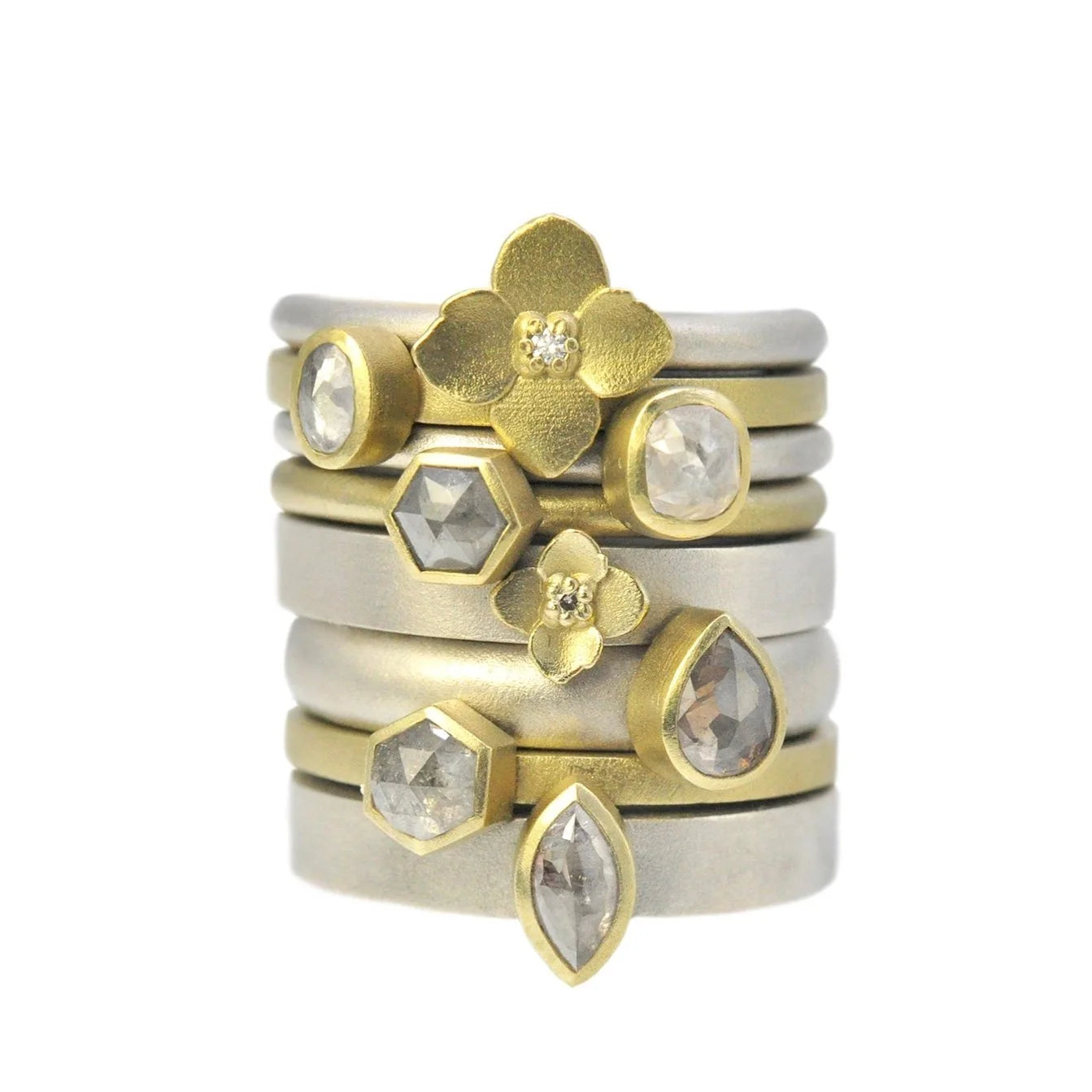 Gold and Silver Natural Diamond & Flower Stacking Rings 1 | Rebecca Myers Collection