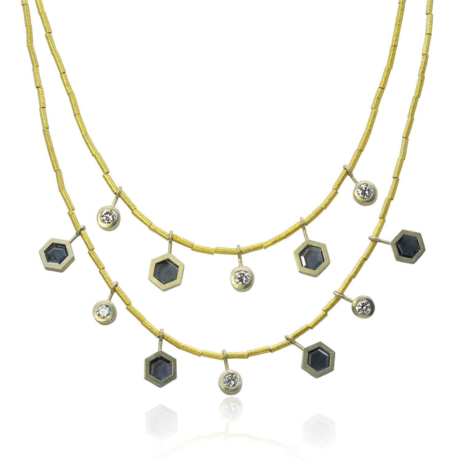 Halo Gold Tube and Bezel Set Hexagonal Spinels and White Diamond Necklaces