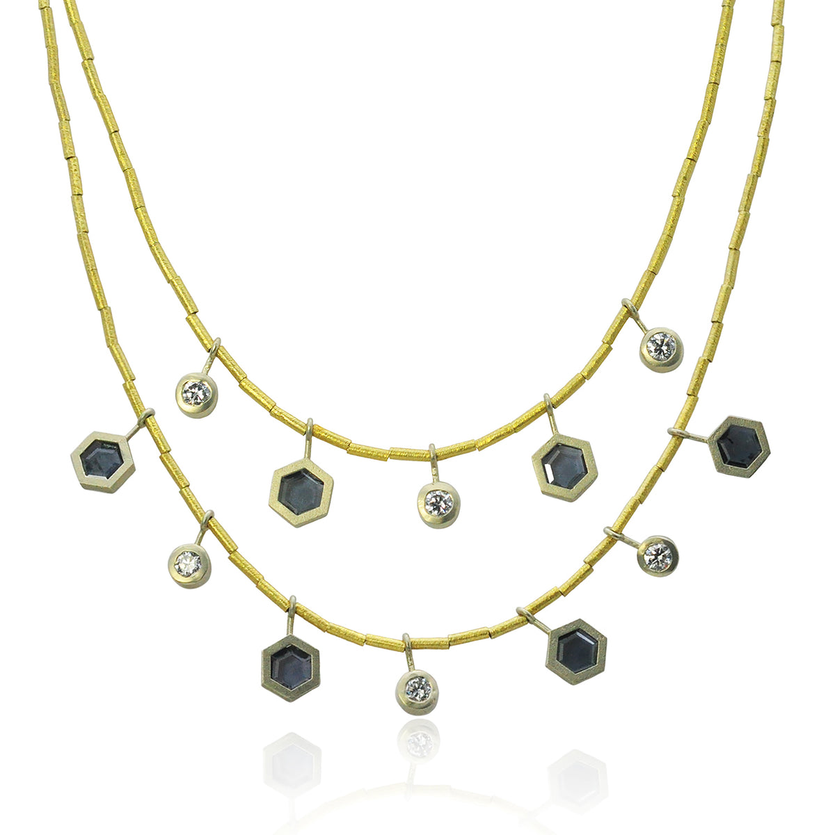 Halo Gold Tube and Bezel Set Hexagonal Spinels and White Diamond Necklaces