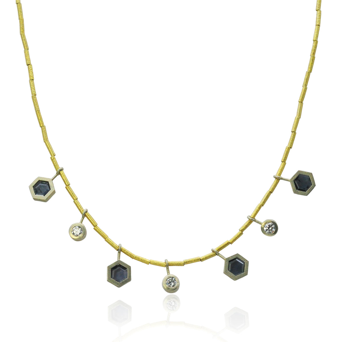 Halo Gold Tube and Bezel Set Hexagonal Spinels and White Diamond Necklaces