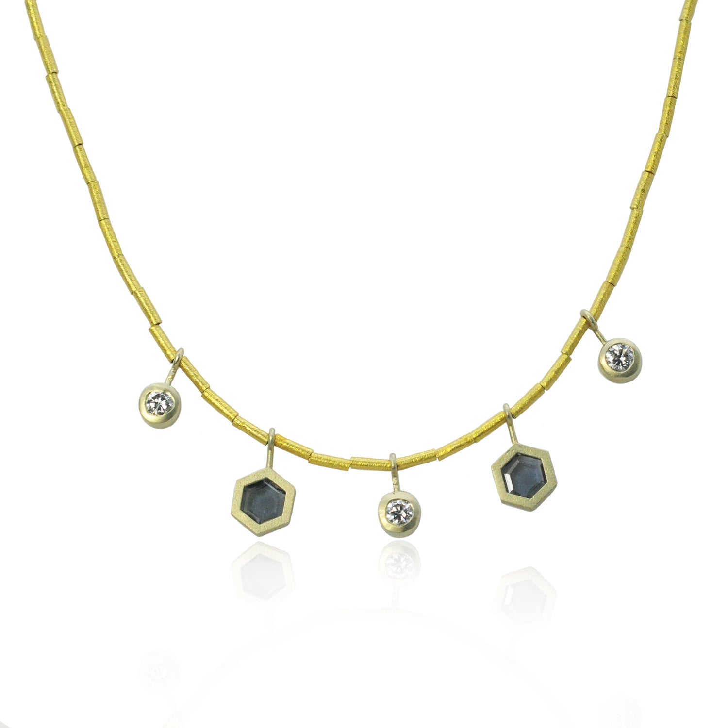 Halo Gold Tube and Bezel Set Hexagonal Spinels and White Diamond Necklaces