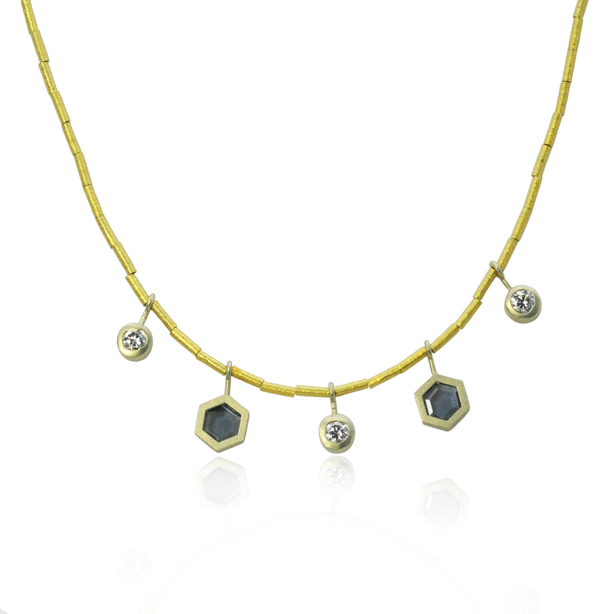 Halo Gold Tube and Bezel Set Hexagonal Spinels and White Diamond Necklaces