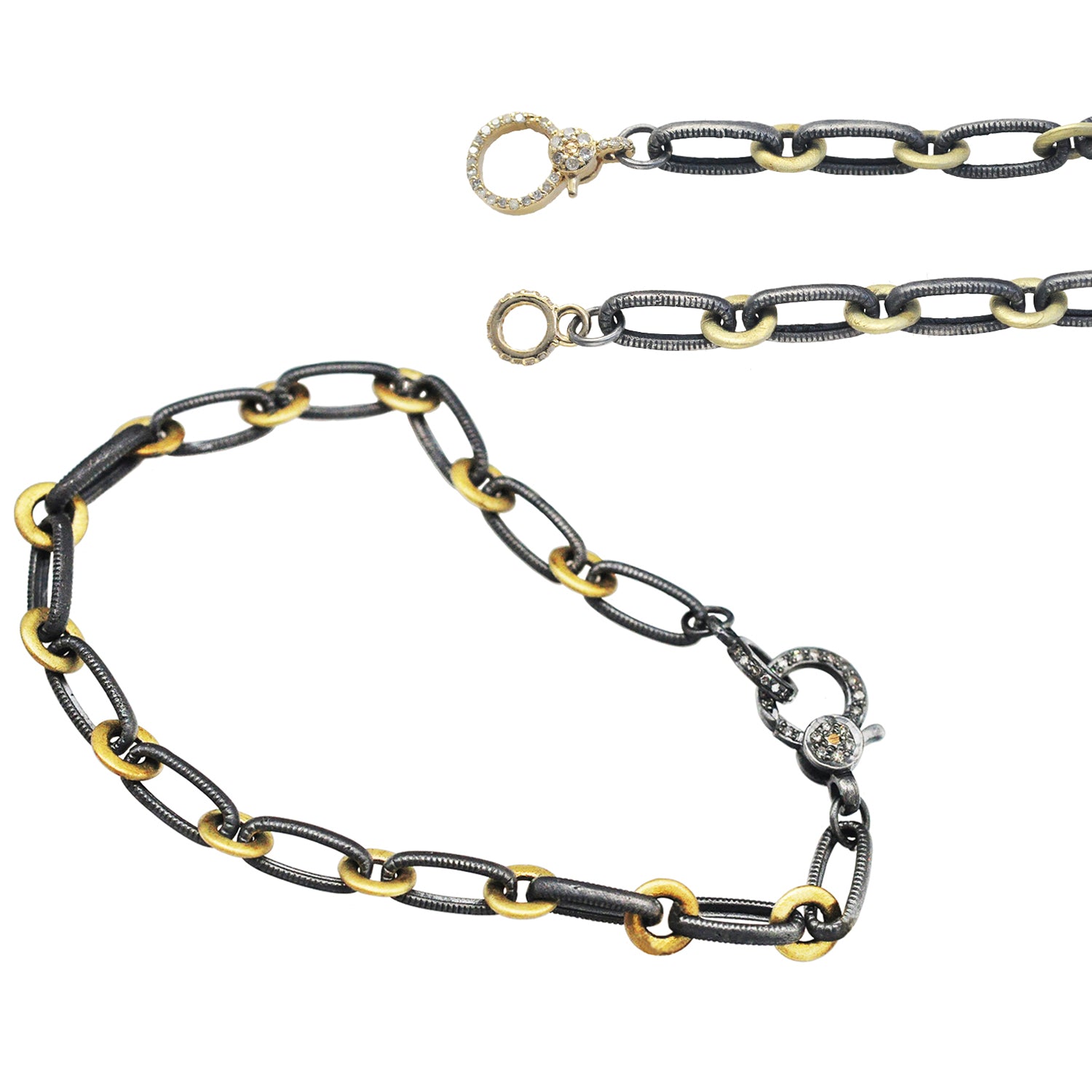 Handmade Chain Bracelet & Necklace in Oxidized Silver & Gold with Diamond Charm Holder Clasp | Rebecca Myers Collection