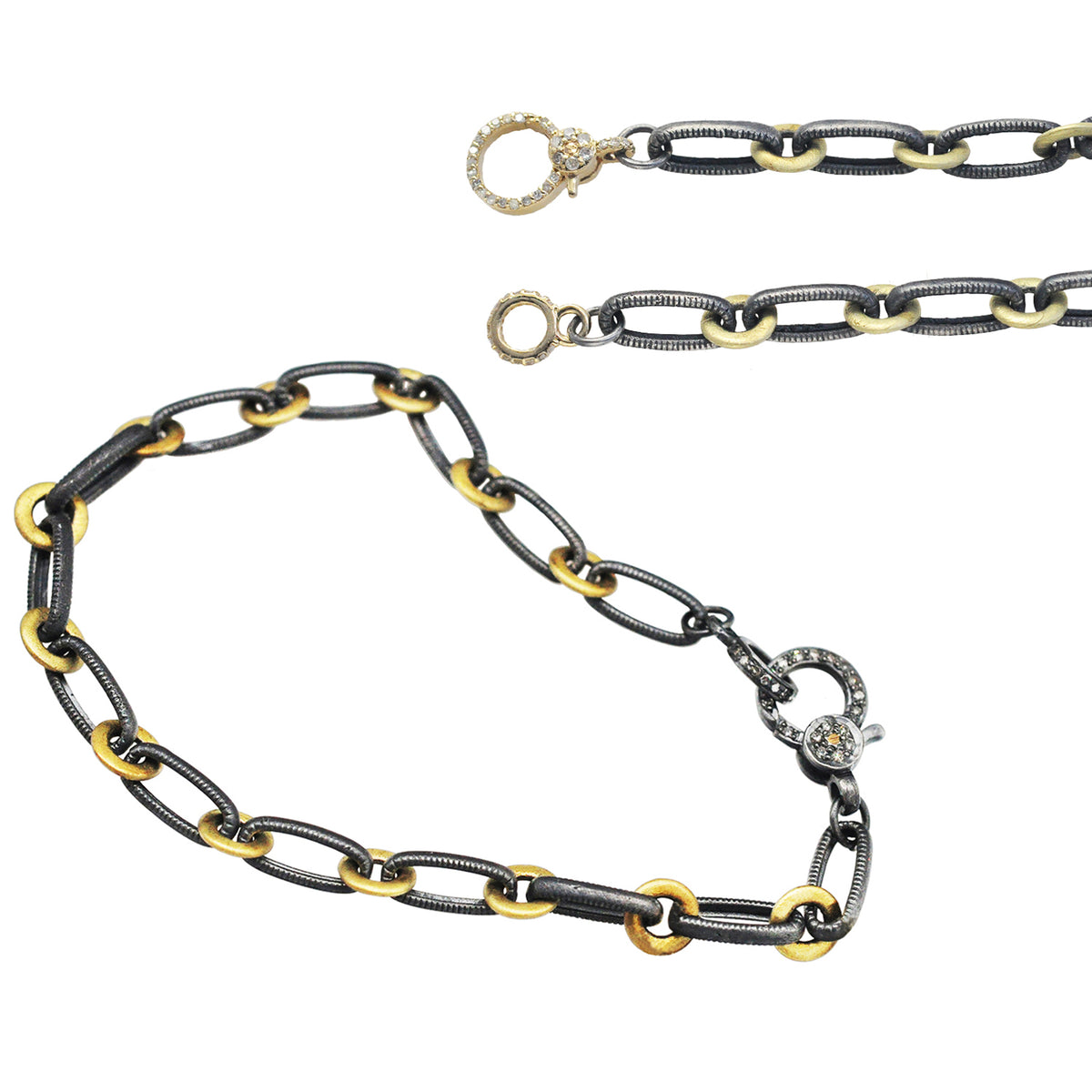 Handmade Chain Bracelet & Necklace in Oxidized Silver & Gold with Diamond Charm Holder Clasp | Rebecca Myers Collection