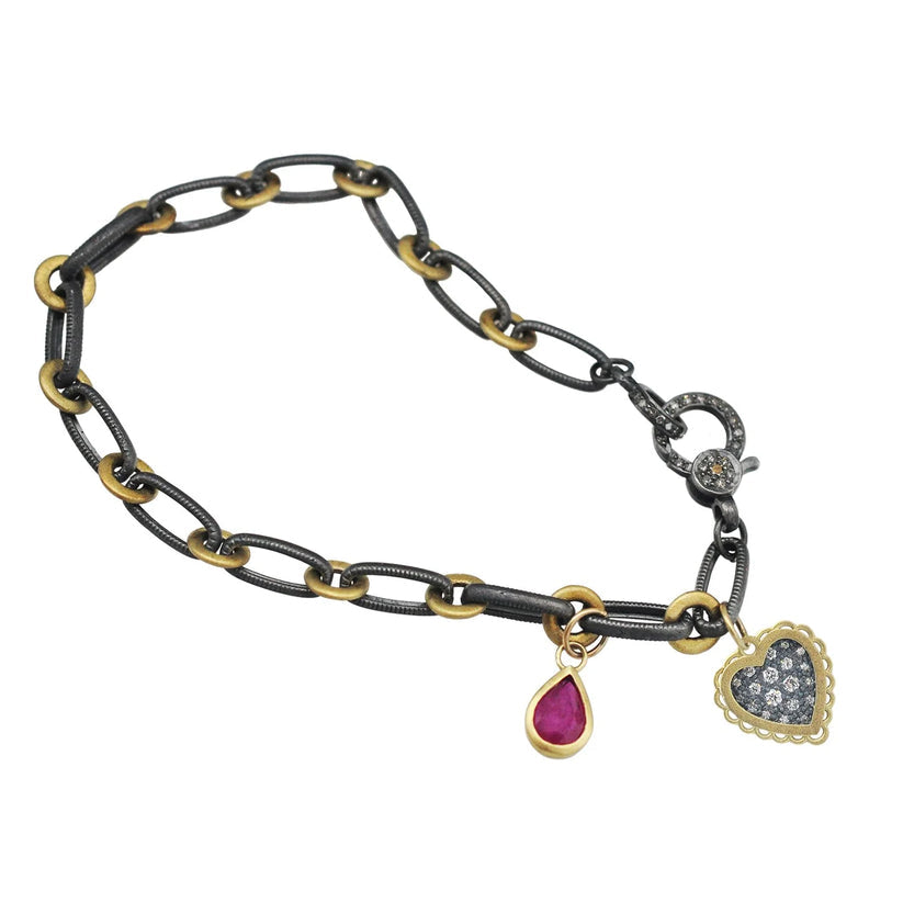 Handmade Chain Bracelet in Oxidized Silver & 14k Yellow Gold with Diamond Charm Holder Clasp & Charms | Rebecca Myers Collection