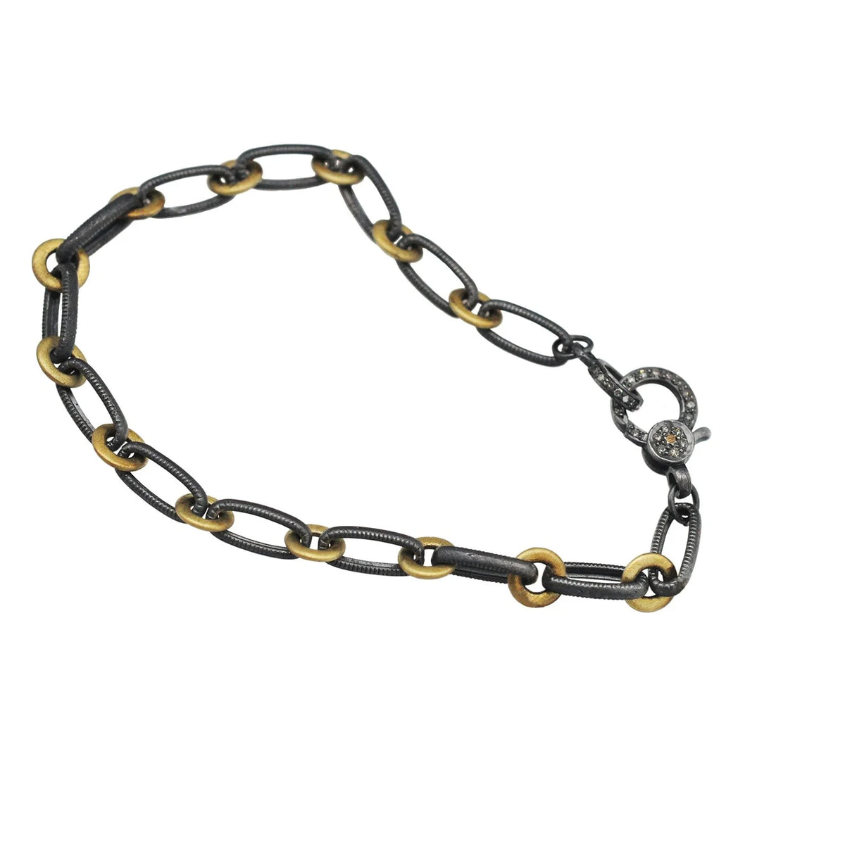 Handmade Chain Bracelet in Oxidized Silver & 14k Yellow Gold with Diamond Charm Holder Clasp | Rebecca Myers Collection
