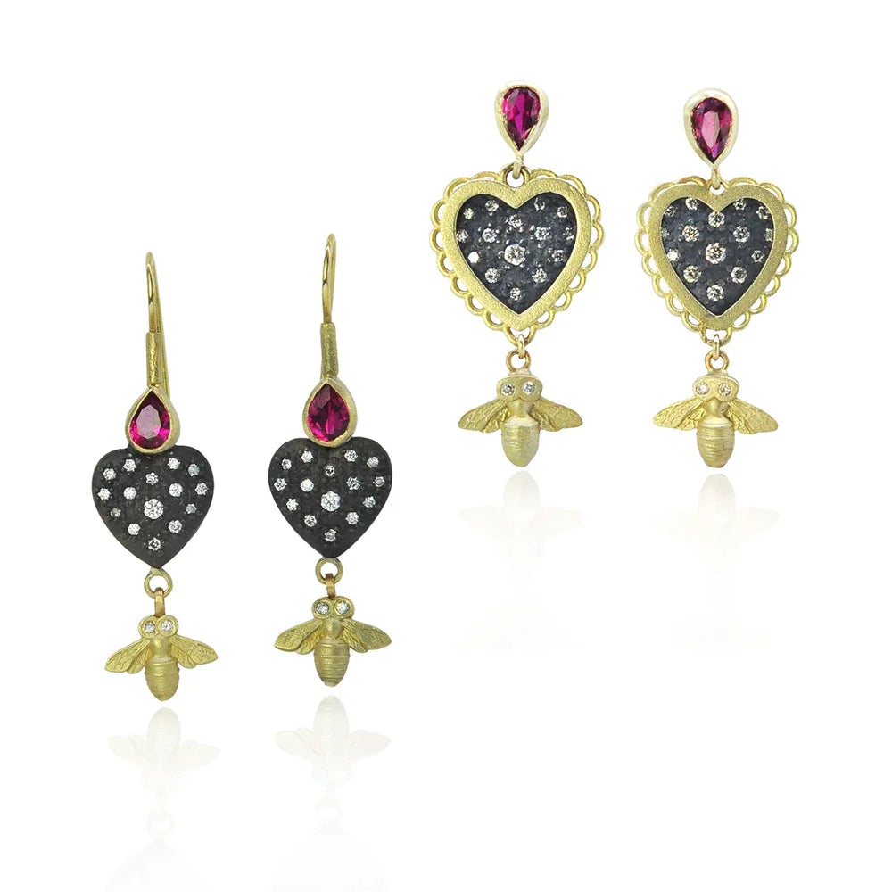 Heart Earrings with Ruby Tops and Bee Dangles | Rebecca Myers Collection