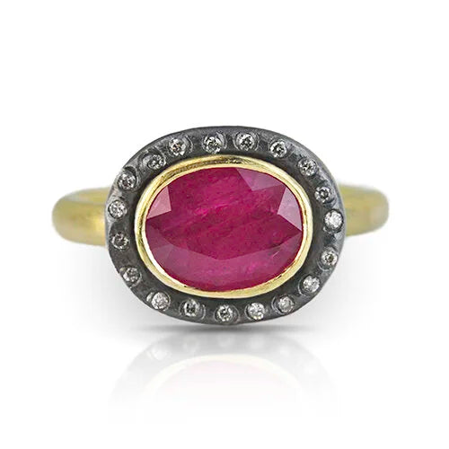 Oval Ruby Halo Ring on thin gold band | Rebecca Myers Collection
