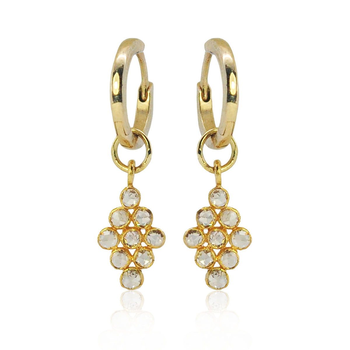 Gold Huggie Hoops with Kite Shaped Diamond Chandeliers | Rebecca Myers Collection
