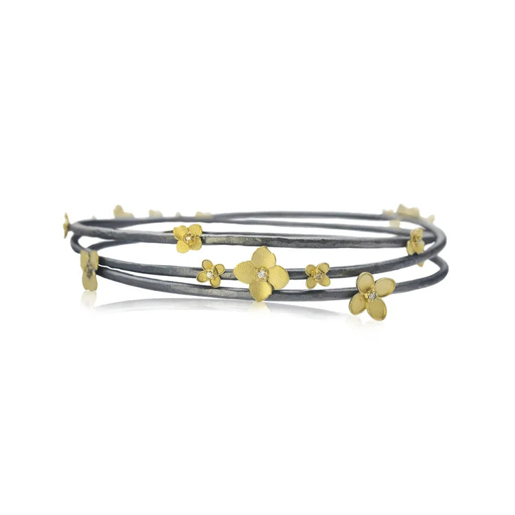 Gold, Silver & Diamond Branch Bangles with Hydrangeas | Rebecca Myers Collection