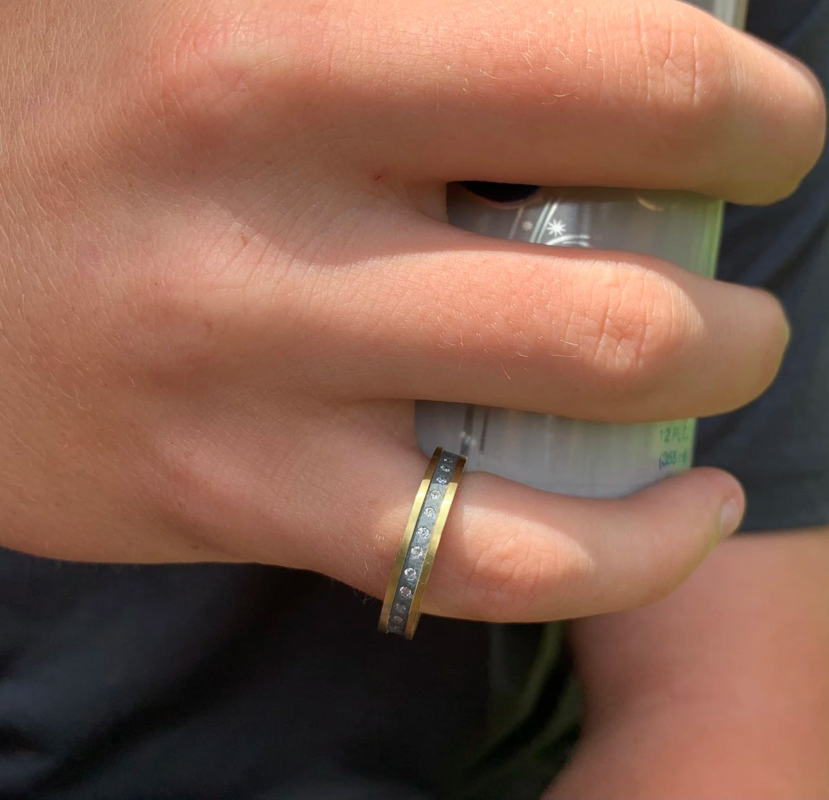 Starry Night Silver and Gold Ring with Diamonds, 4mm  on white model | Rebecca Myers Collection