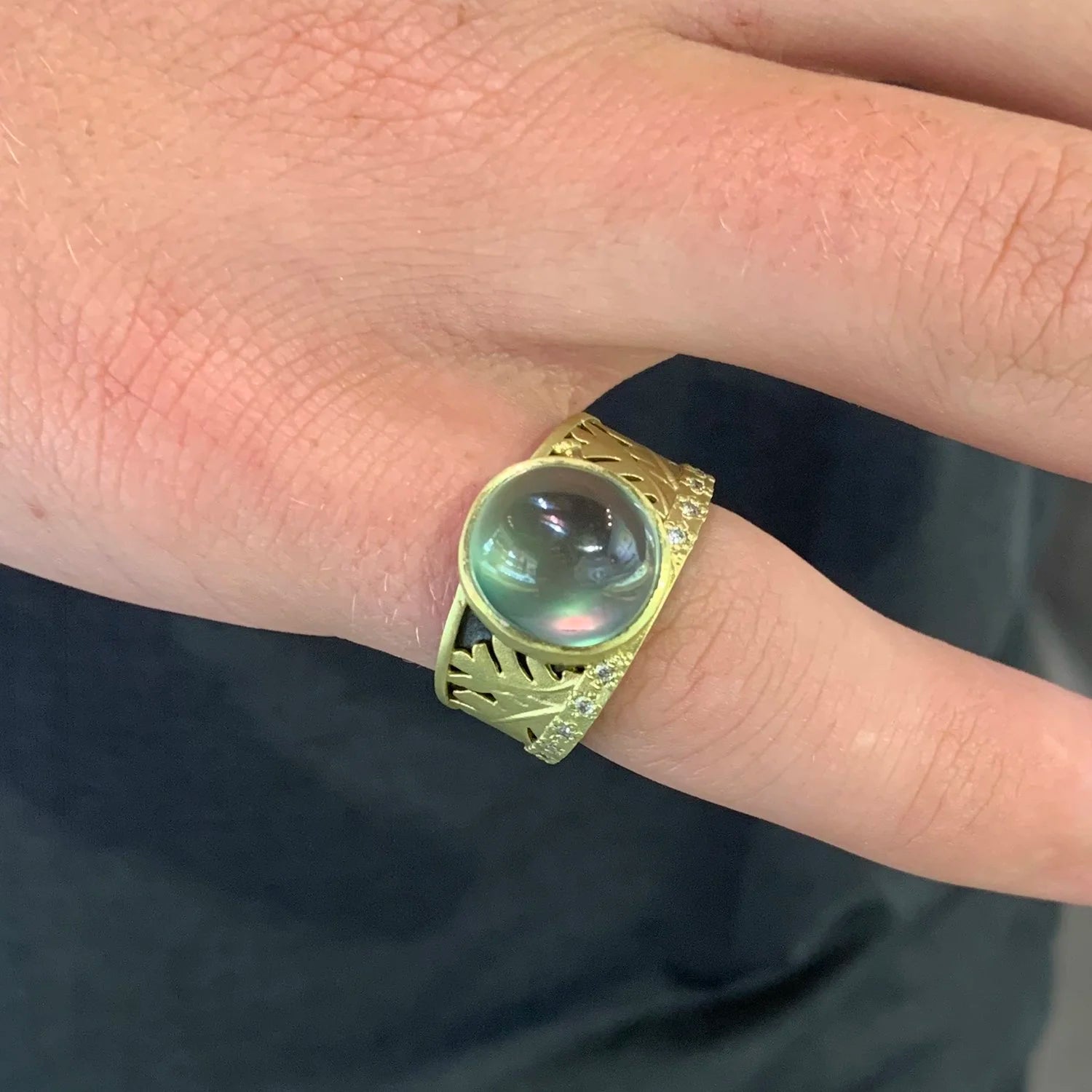 Oval Prehnite, Gold, & Silver Oak Leaf Ring  on white male model | Rebecca Myers Design