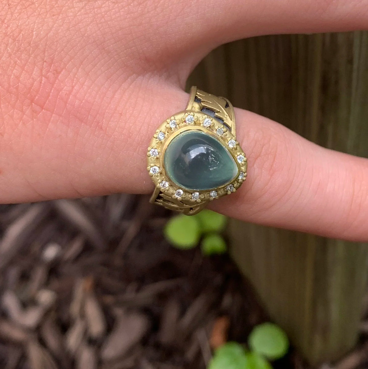 Pear Prehnite, Gold, & Silver Oak Leaf Ring with Diamond Halo | Rebecca Myers Design