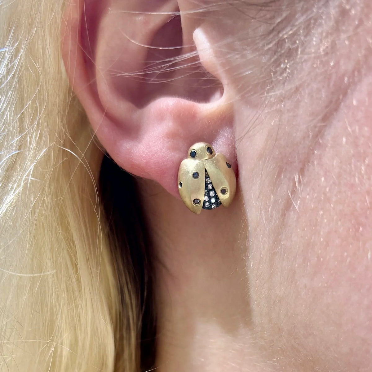 Ladybug Earring on white female model | Rebecca Myers Collection