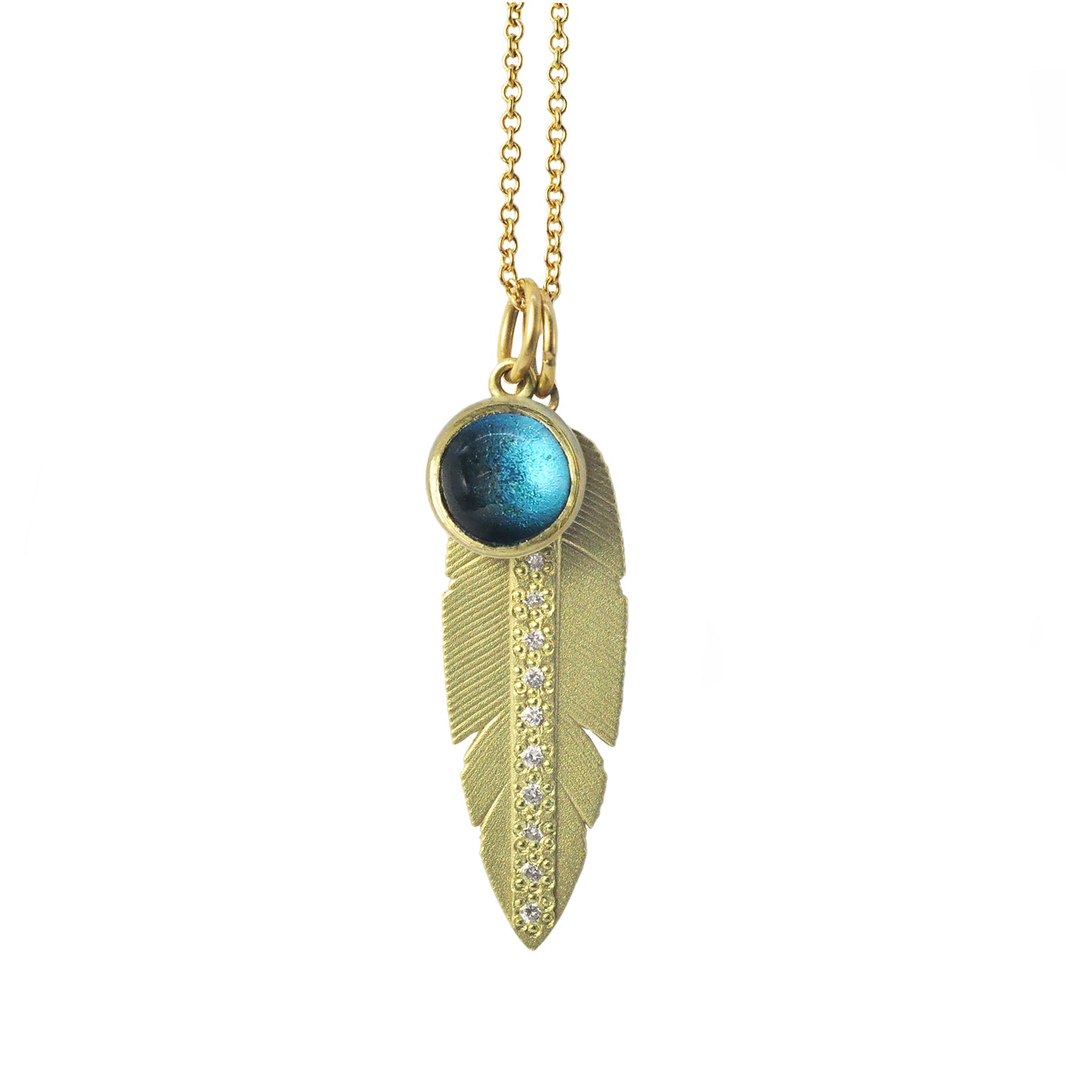 Round Blue Topaz Cabochon, Large Slender Gold & Diamond Feather Charms on gold cable chain | Rebecca Myers Collection