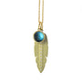 Round Blue Topaz Cabochon, Large Slender Gold & Diamond Feather Charms on gold cable chain | Rebecca Myers Collection