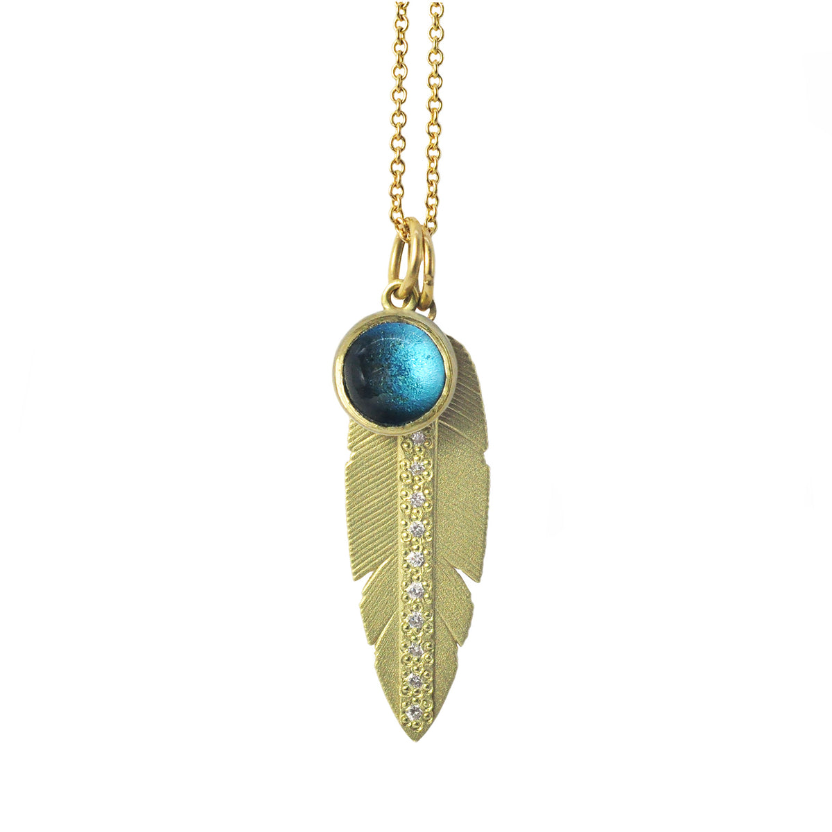 Round Blue Topaz Cabochon, Large Slender Gold & Diamond Feather Charms on gold cable chain | Rebecca Myers Collection