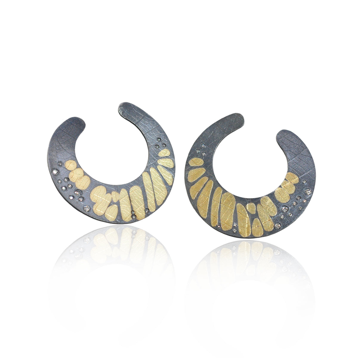 Large Flat Monarch ButterflyHoop Earrings in Gold, Diamonds, & Blackened Silver | Rebecca Myers Collection