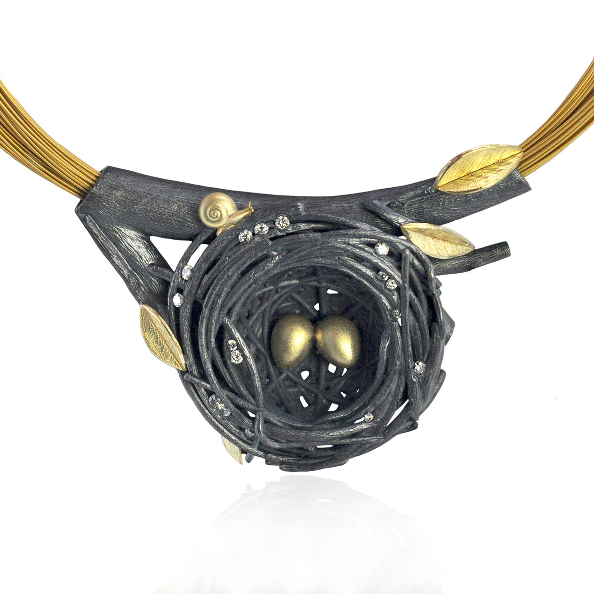 Large Nest Pendant Coil Necklace with Gold Eggs, Leaves, & Snail | Rebecca Myers Collection